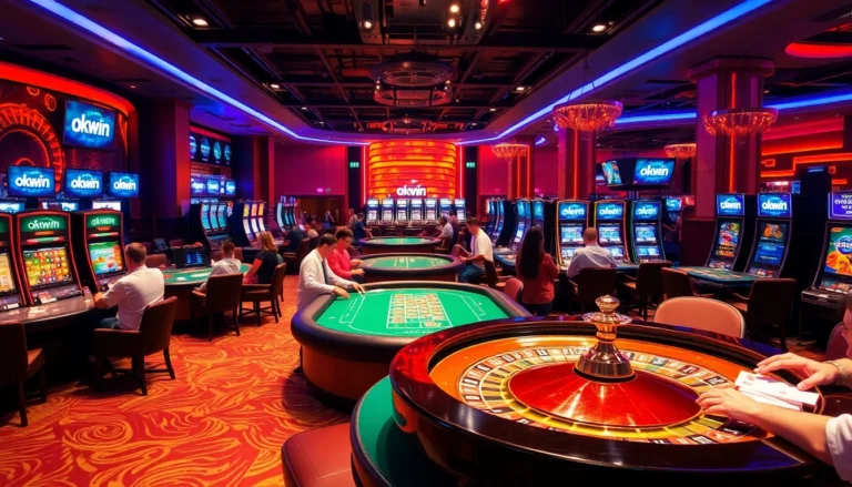 Exciting casino scene with gamblers at tables, highlighting okwin's vibrant gaming experience.