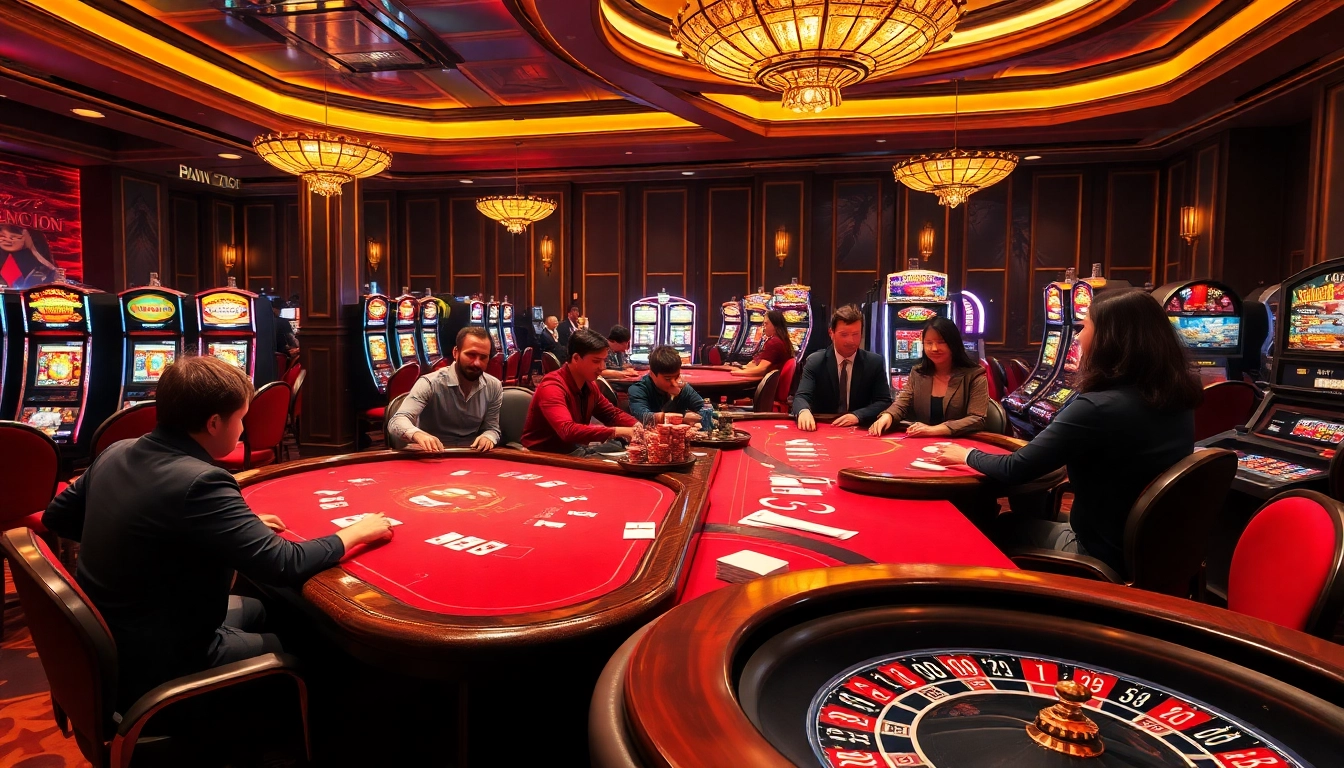 Players enjoying vibrant gaming action at kebet cassino with poker chips and cards at tables.