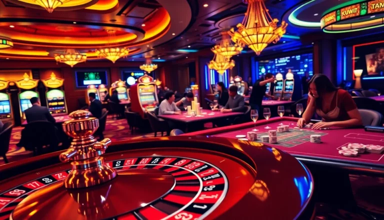 Kuwin casino scene featuring excitement at poker tables and roulette, showcasing thrilling gambling adventures.