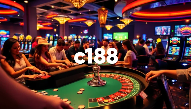 Experience the vibrant excitement of a casino with c168 promotions, featuring roulette, slot machines, and eager players.