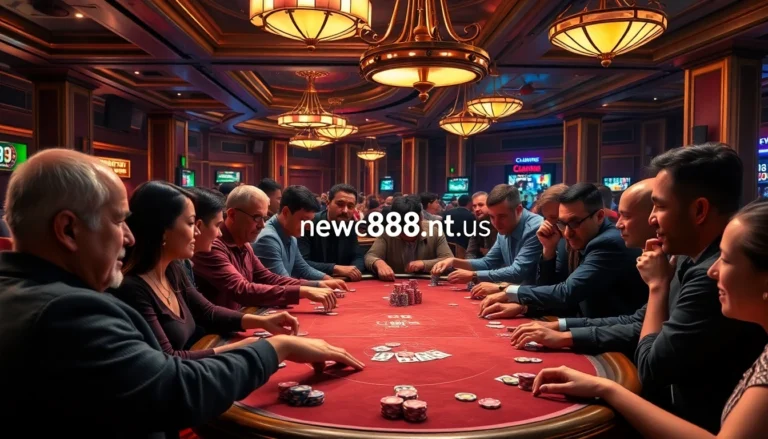 Players at a poker table engaged in high-stakes action at https://new88bet.us/ casino, highlighting vibrant poker chips and cards.