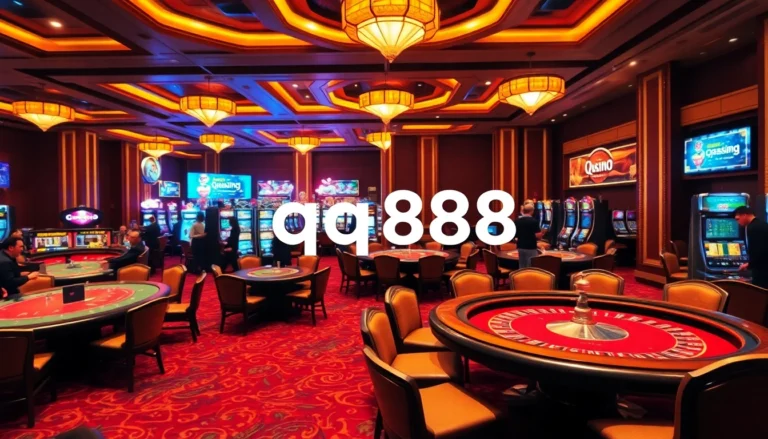 Experience the excitement at a qq888 casino, featuring dynamic gaming tables, engaging players, and vibrant slot machines.