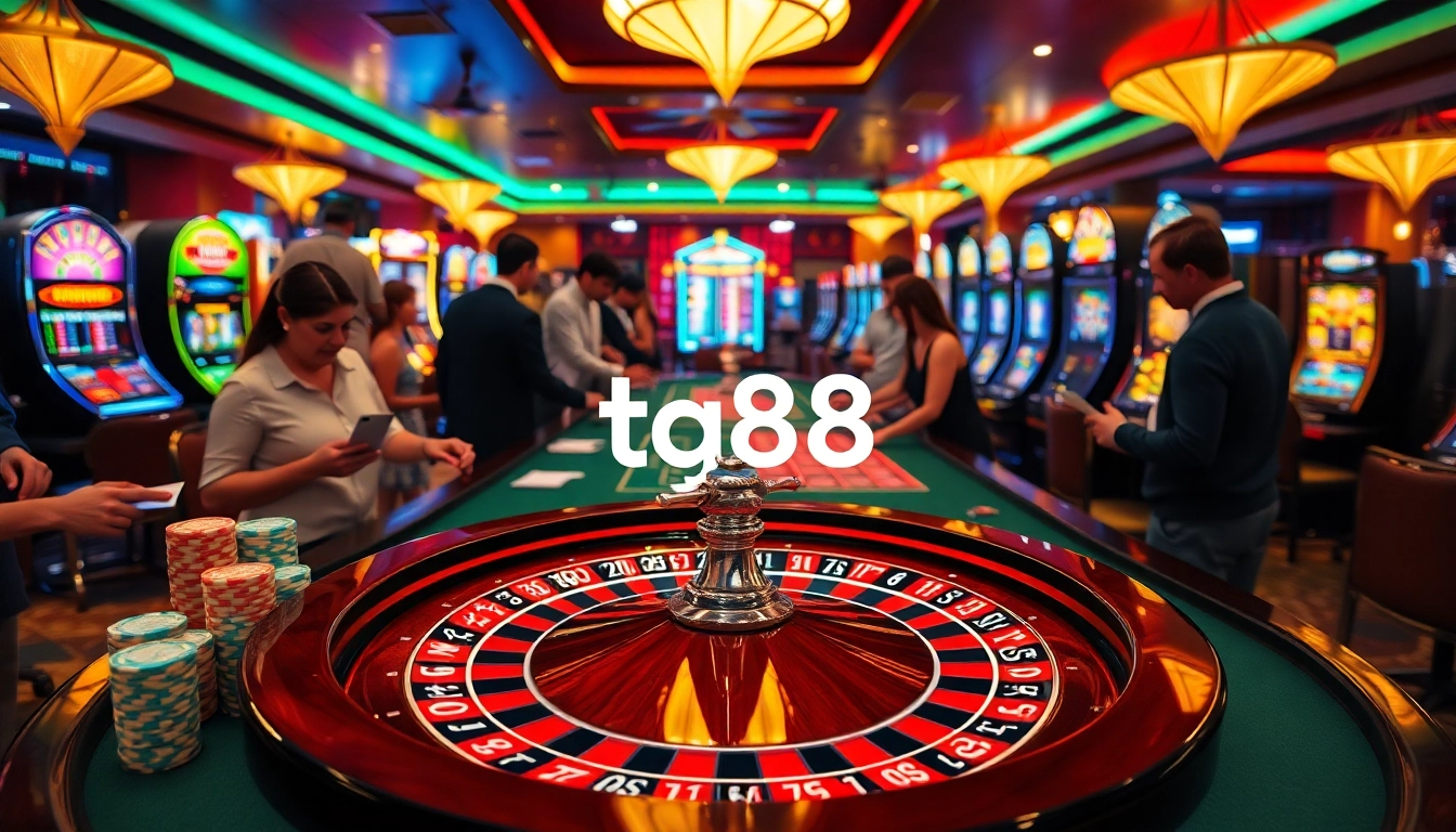Exciting casino scene featuring players around a roulette table, showcasing tg88-themed betting experiences.
