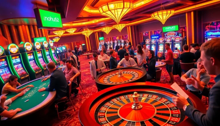 Players at nohu52 engage with a vibrant roulette wheel in a bustling casino setting, embodying the excitement of gambling.