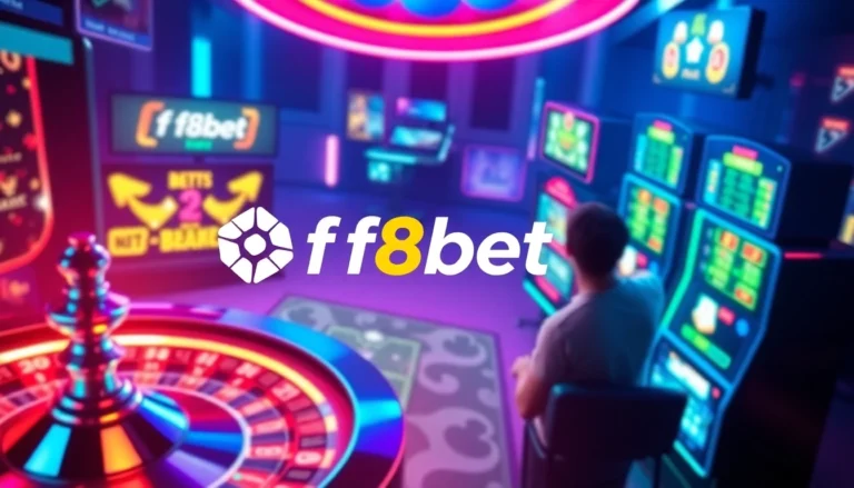 f8bet online gambling interface with poker chips, a roulette wheel, and vibrant atmosphere filled with action.