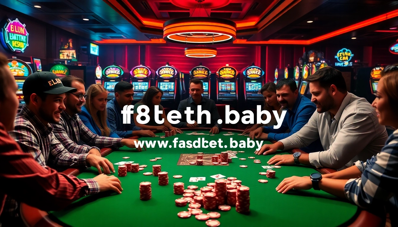 Players at https://f8betht.baby/ poker table strategizing their winning bets in a vibrant casino atmosphere.