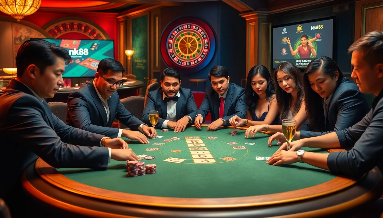 Engage in the high-stakes poker game featuring nk88 style chips and cards in a vibrant casino environment.