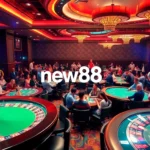 Experience wins at new88 as players engage at roulette and poker tables in a buzzing casino environment.