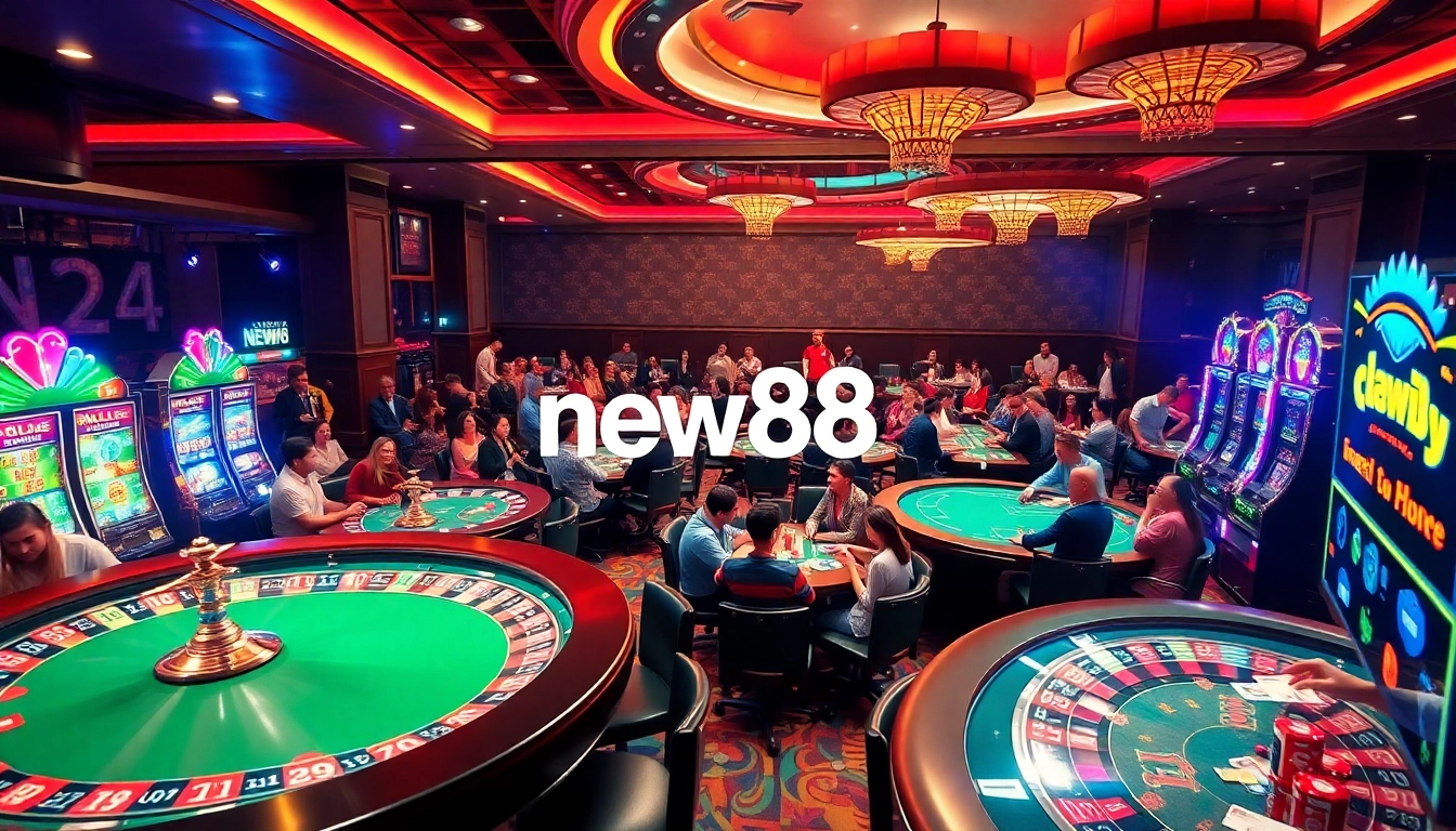 Experience wins at new88 as players engage at roulette and poker tables in a buzzing casino environment.