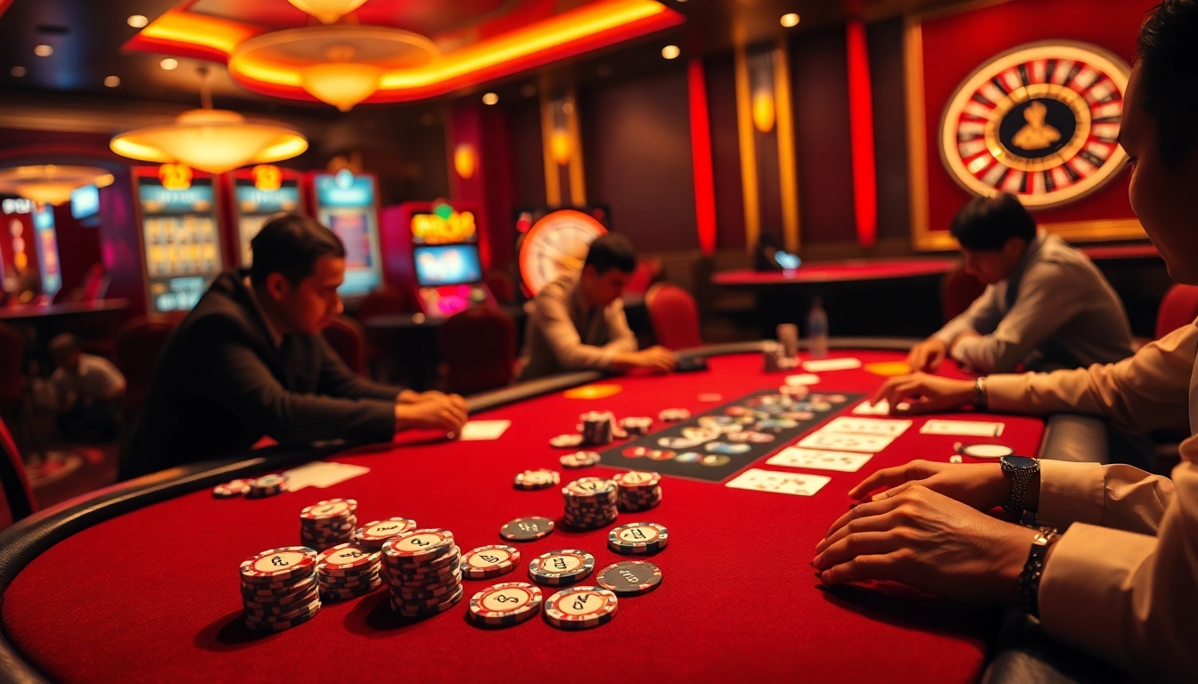 Experience kp88 at its finest during an exciting poker game surrounded by vibrant casino elements.